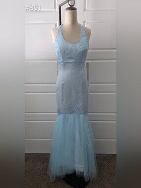 Blue Beaded Halter Mermaid Prom Dress